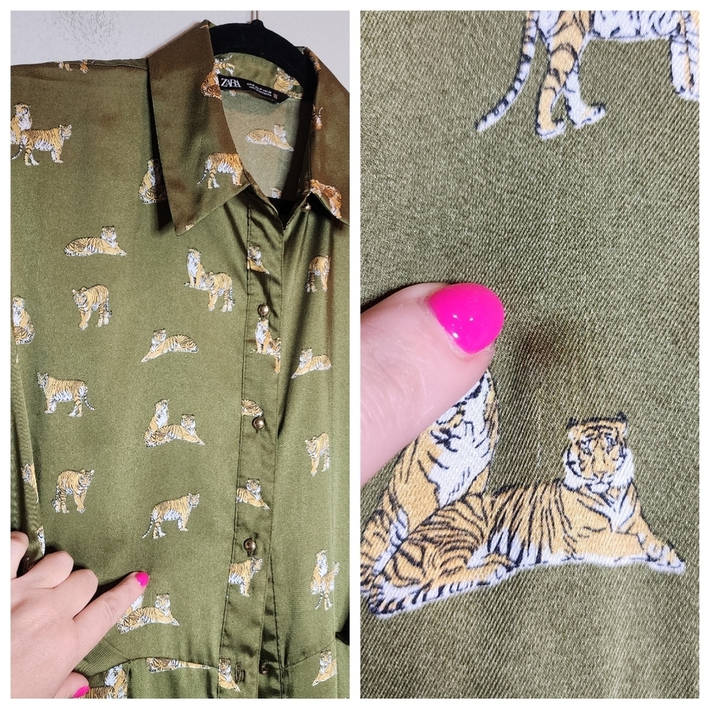 Zara Tiger Printed Green Satin Button Front Balloon Sleeve Pleated Midi Dress. M - Picture 16 of 17